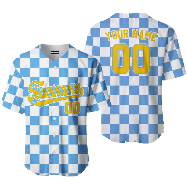 Custom Powder Blue White Square Grid Color Block Design Baseball Jersey