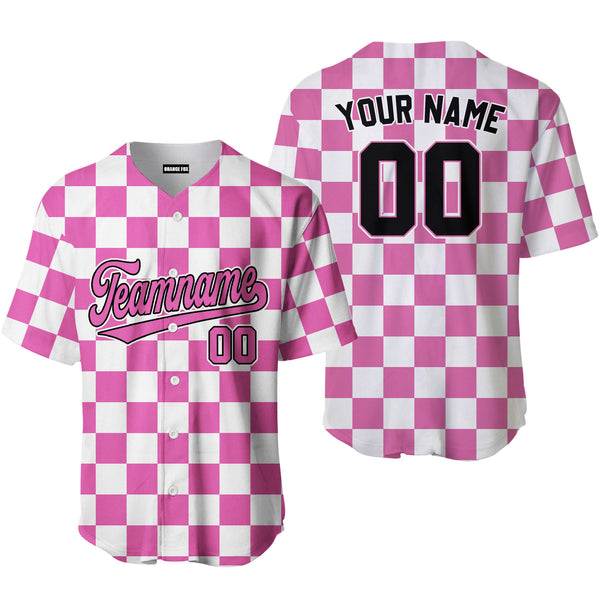 Custom Pink White Square Grid Color Block Design Baseball Jersey