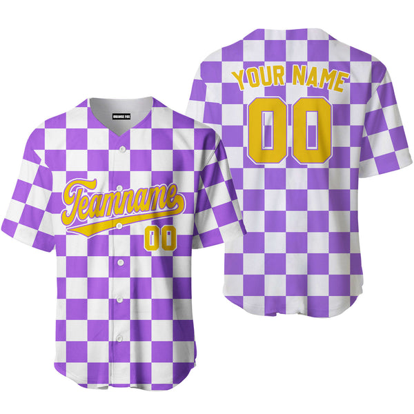 Custom Purple White Square Grid Color Block Design Baseball Jersey