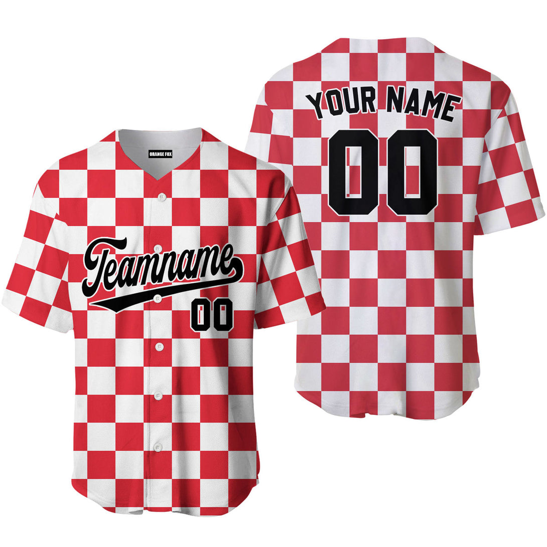 Custom Red White Square Grid Color Block Design Baseball Jersey