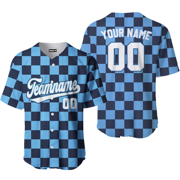 Custom Blue Navy Square Grid Color Block Design Baseball Jersey