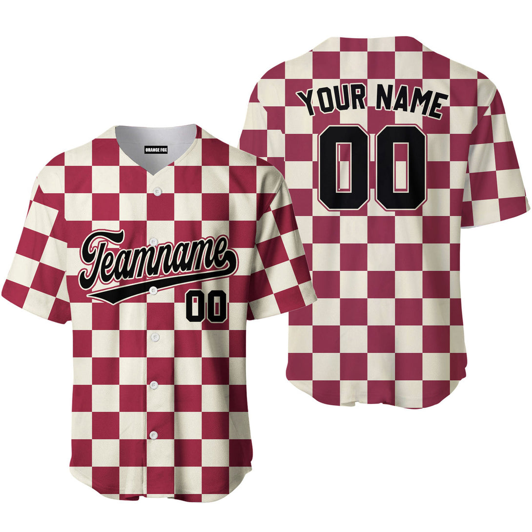 Custom Khaki Crimson Square Grid Color Block Design Baseball Jersey