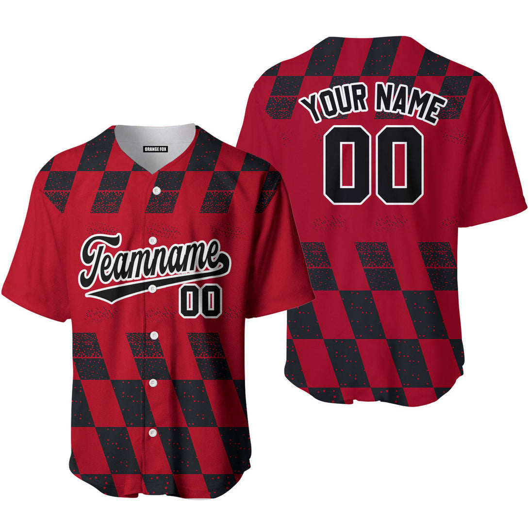 Custom Red Black Grid Speckles Color Block Design Baseball Jersey