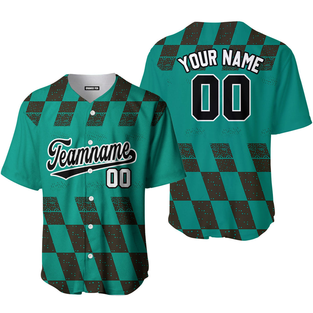 Custom Green Black Grid Speckles Color Block Design Baseball Jersey