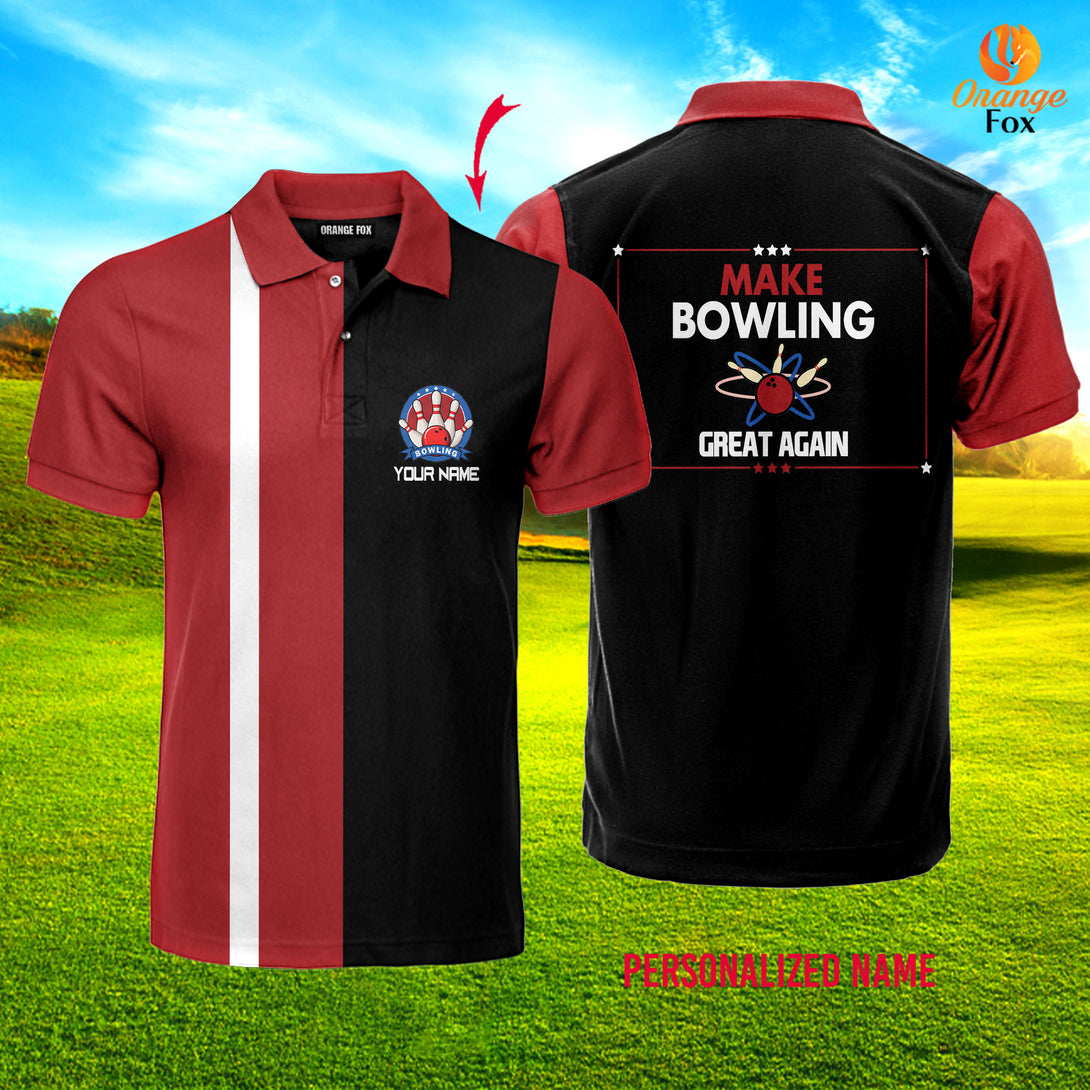 Make Bowling Great Again Red Black Vintage Custom Name Polo Shirt For Men &amp; Women FPN1062