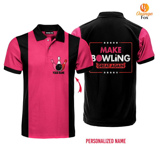 Make Bowling Great Again Pink Retro Custom Name Polo Shirt For Men &amp; Women FPN1080