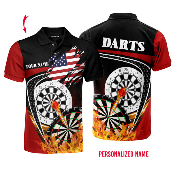 Black Red American Flag Darts Custom Name Polo Shirt For Men & Women