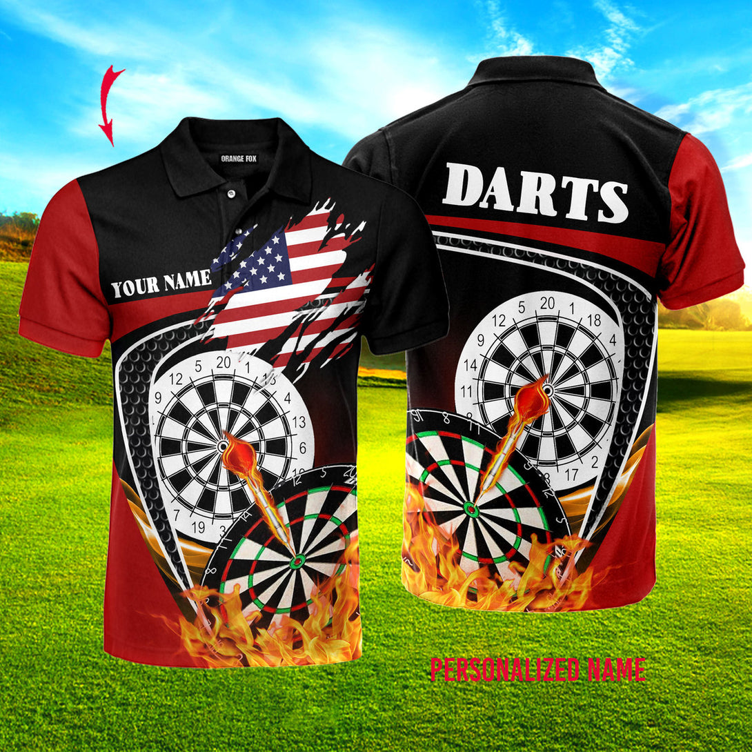 Black Red American Flag Darts Custom Name Polo Shirt For Men & Women