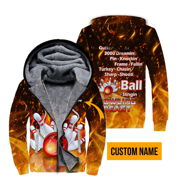 Flame Bowling Custom Name Fleece Zip Hoodie For Men & Women