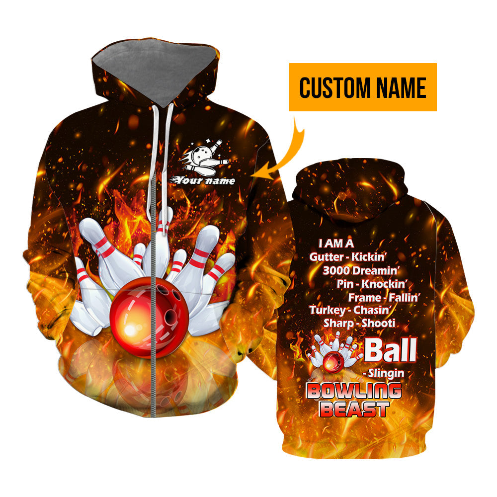 Flame Bowling Custom Name Zip Up Hoodie For Men & Women