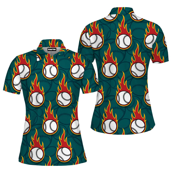 Flaming Baseball Ball Polo Shirt For Women