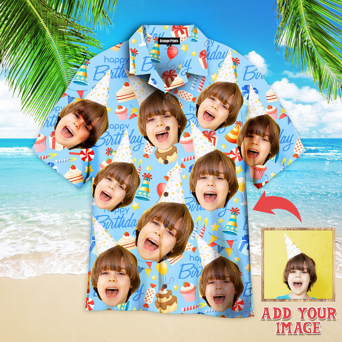 Funny Funny Face Happy Birthday On Blue Birthday Gifts Custom Photo Hawaiian Shirt For Men & Women