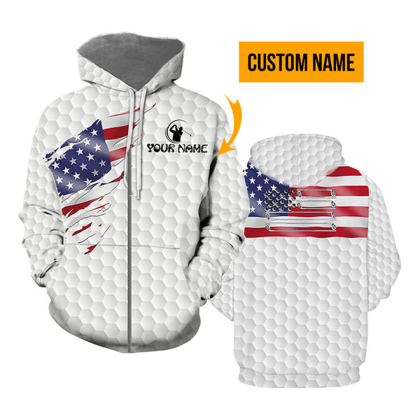 Golf American Flag Custom Name Zip Up Hoodie For Men & Women