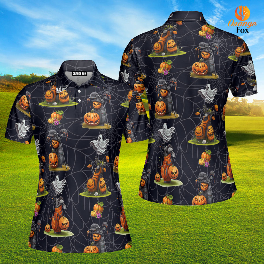 Golf Bag Pumpkin Ghost Halloween Polo Shirt For Women