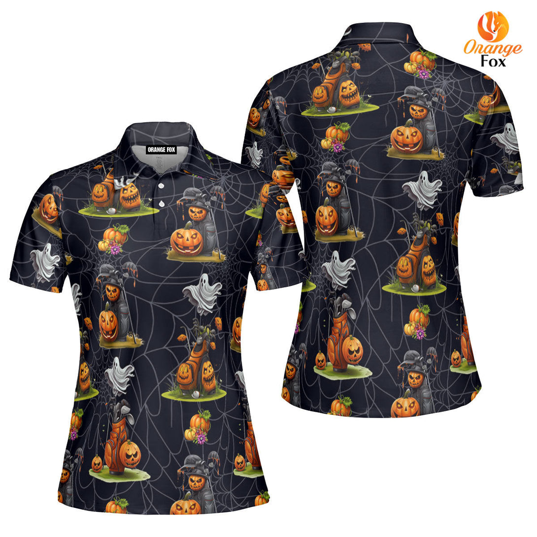 Golf Bag Pumpkin Ghost Halloween Polo Shirt For Women