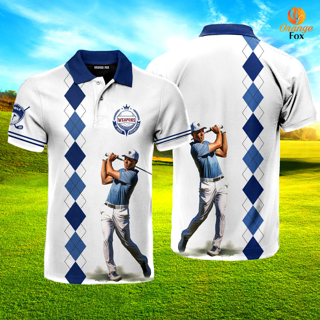 Golf Club Of Grass Destruction White Blue Golf Player Polo Shirt For Men