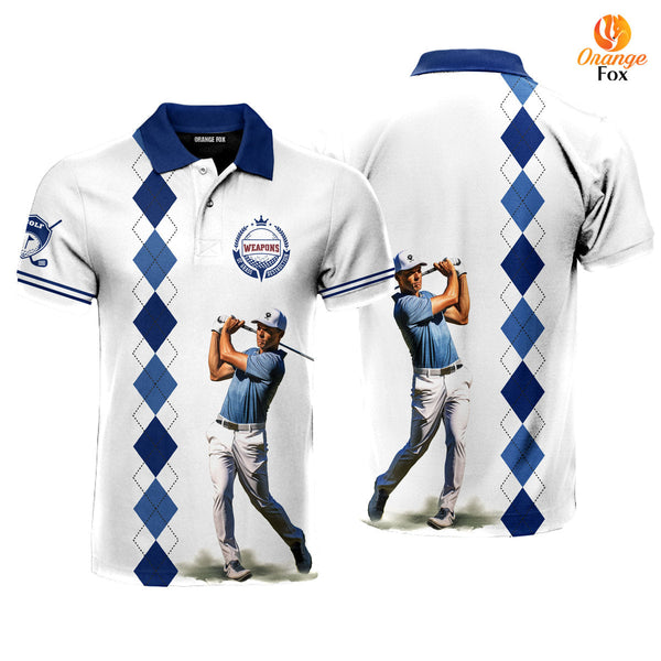 Golf Club Of Grass Destruction White Blue Golf Player Polo Shirt For Men