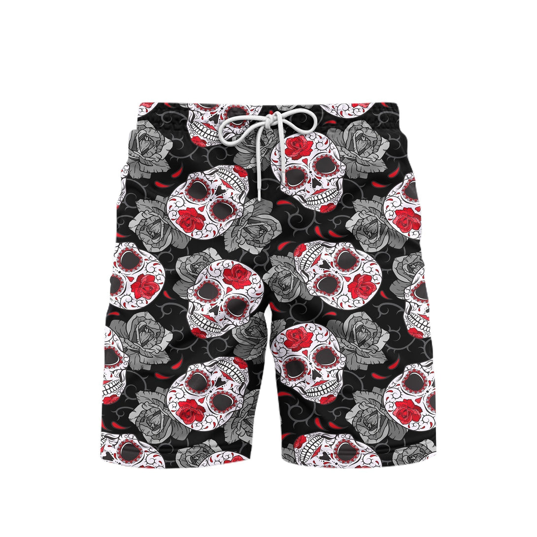 Gothic Sugar Skull Roses Halloween Pattern Beach Shorts For Men