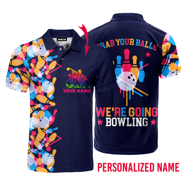 Grab Your Ball Bowling - Gift For Team, Bowling Player - Colorful Pins Custom Name Polo Shirt For Men & Women