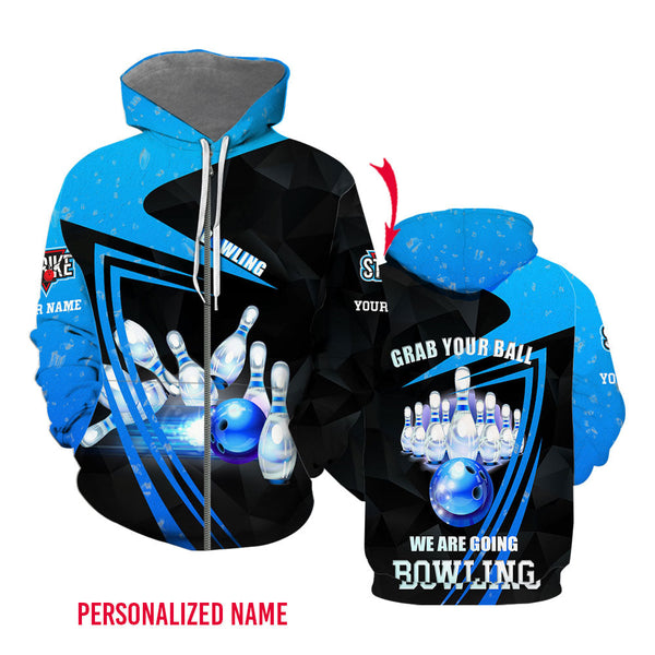 Grab Your Ball We Are Going Bowling Blue Custom Name Zip Up Hoodie For Men & Women