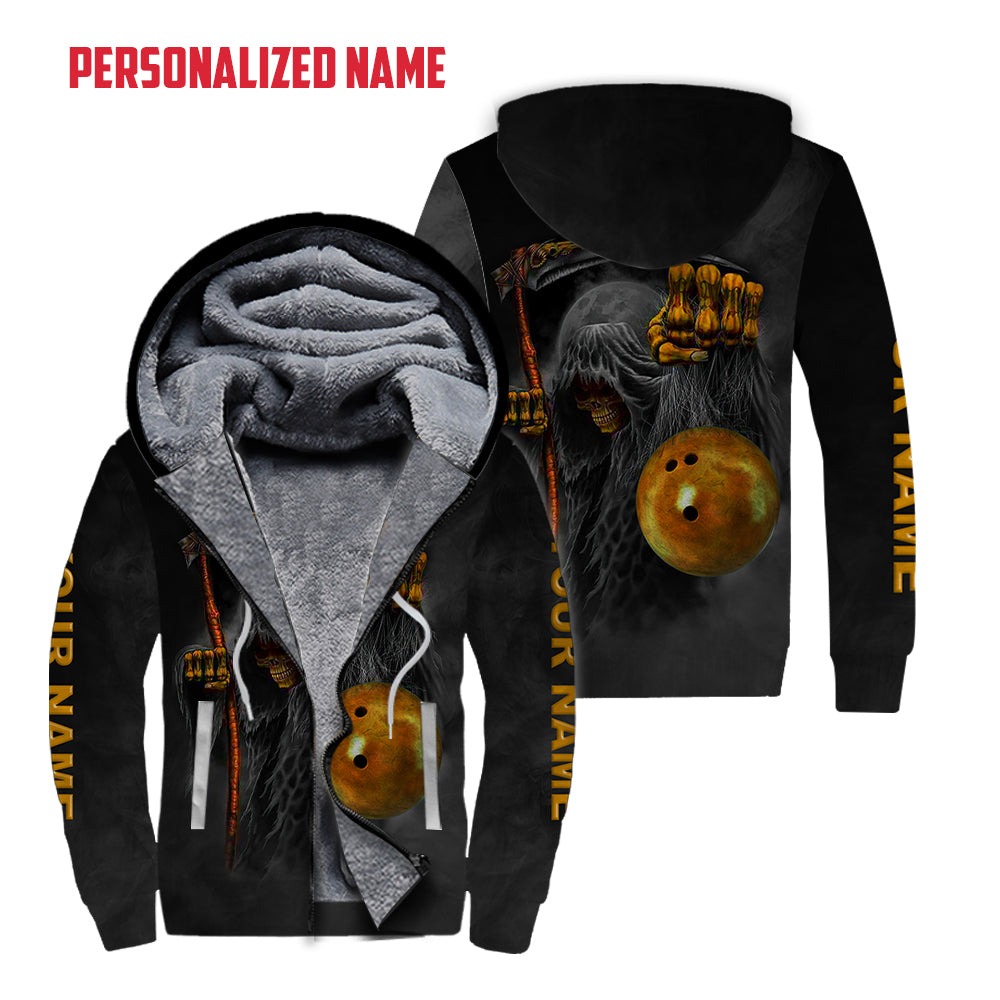 Grim Reaper Bowling Custom Name Fleece Zip Hoodie For Men & Women