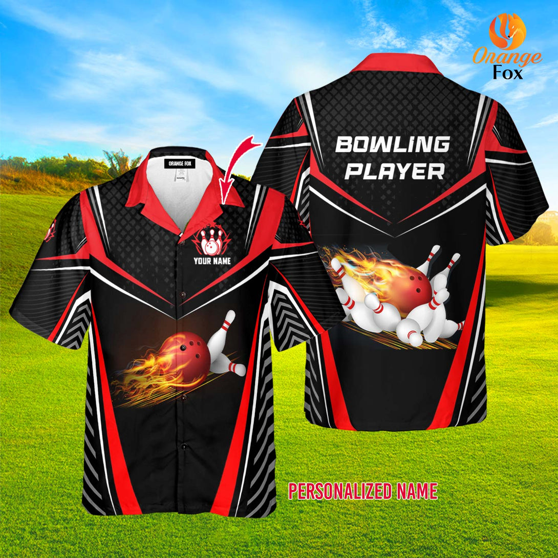 Bowling Black Red Fire Bowling Pins Custom Name Hawaiian Shirt For Men & Women