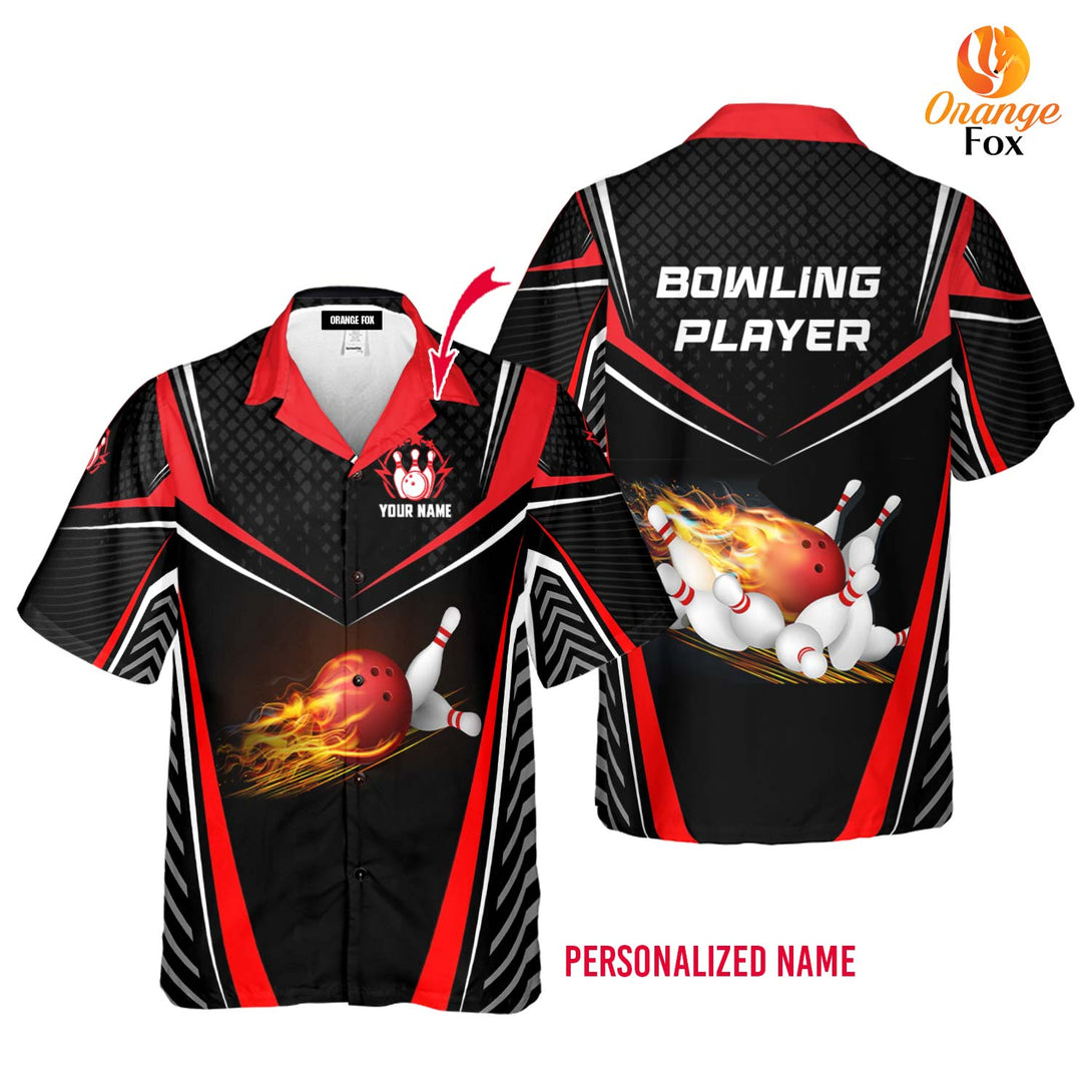 Bowling Black Red Fire Bowling Pins Custom Name Hawaiian Shirt For Men & Women