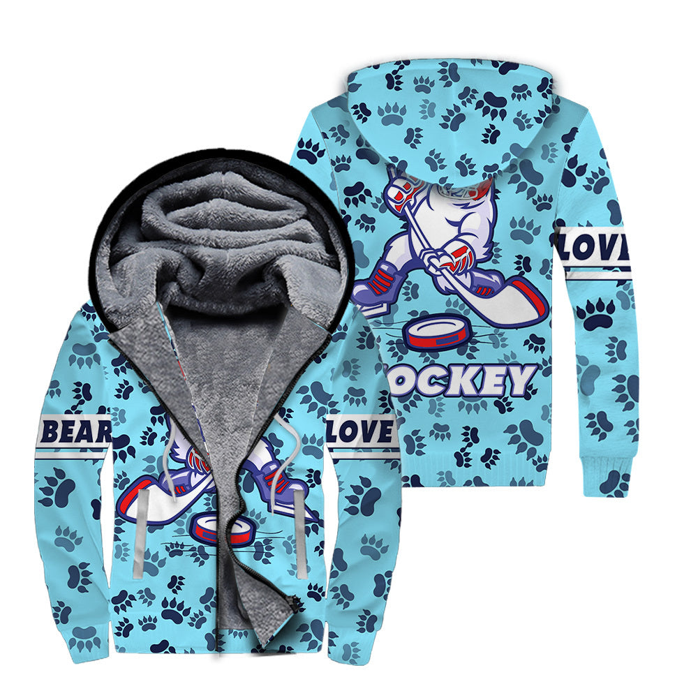 Hockey Love Bear Fleece Zip Hoodie For Men & Women