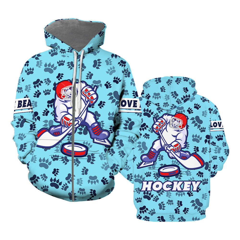 Hockey Love Bear Zip Up Hoodie For Men & Women