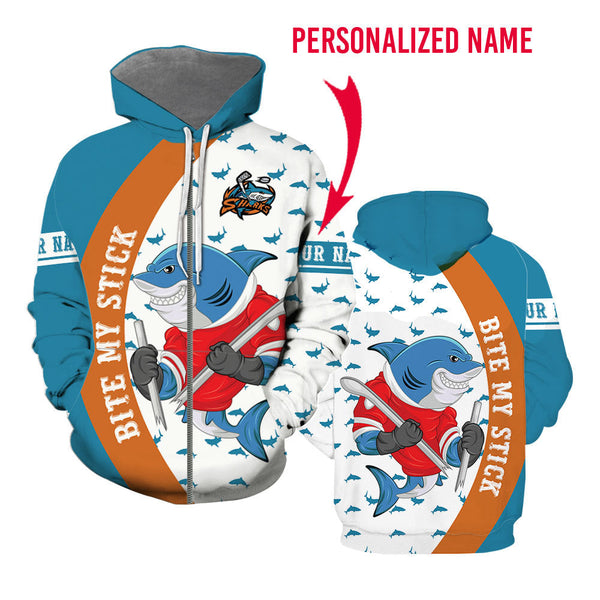 Hockey Shark Custom Name Zip Up Hoodie For Men & Women