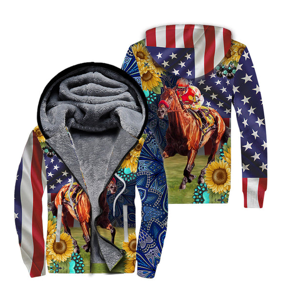 Horse Racing Sunflower Fleece Zip Hoodie For Men & Women