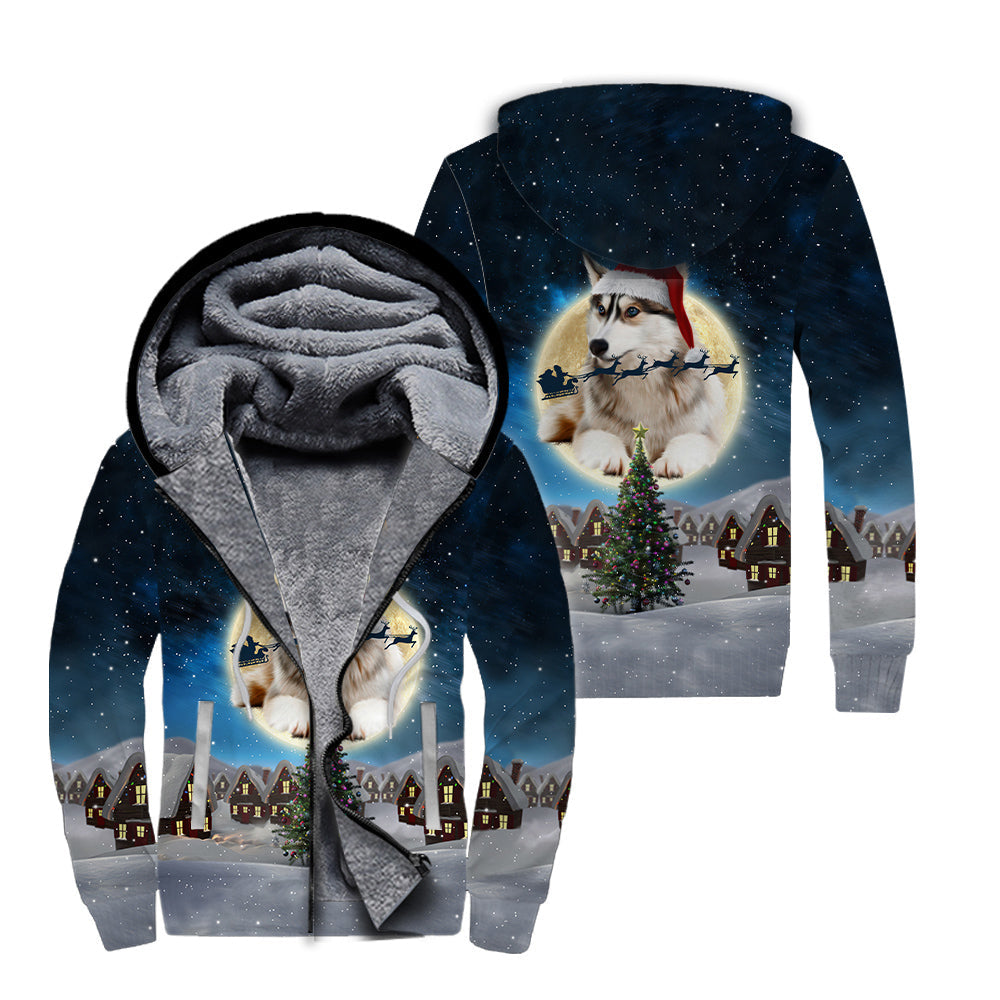 Husky Merry Christmas Fleece Zip Hoodie For Men & Women