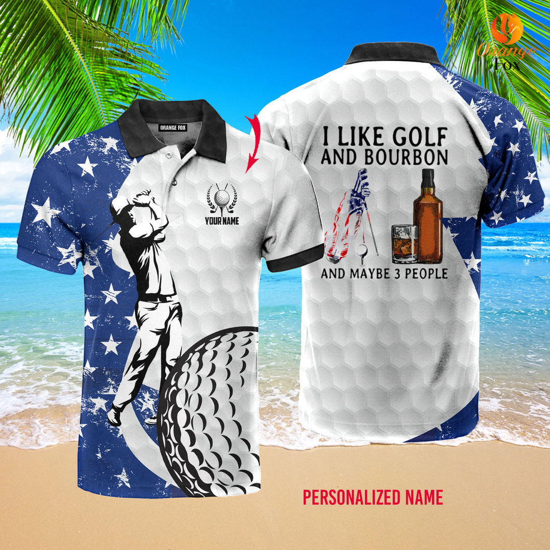 I Like Golf And Bourbon Vintage American Flag Custom Name Polo Shirt For Men & Women