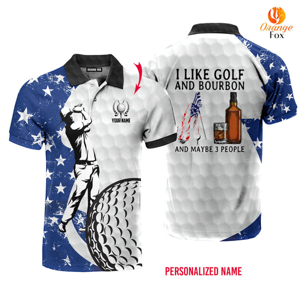 I Like Golf And Bourbon Vintage American Flag Custom Name Polo Shirt For Men & Women