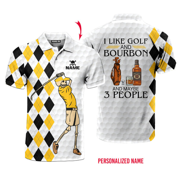 I Like Golf and Bourbon Yellow Golf Skull Custom Name Polo Shirt For Men & Women