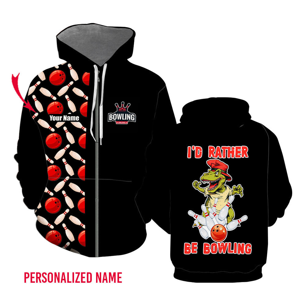 I’d Rather Be Bowling Black Custom Name Zip Up Hoodie For Men & Women