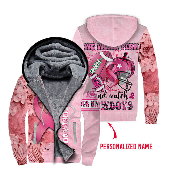 In October We Wear Pink And Watch Football Cowboy Custom Name Fleece Zip Hoodie For Men & Women