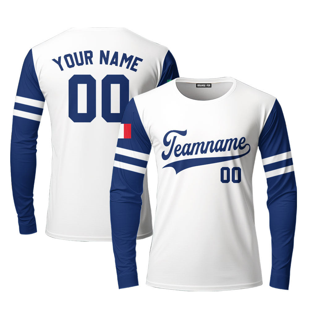 Italia White Blue Custom Long Sleeve T-Shirt For Men & Women