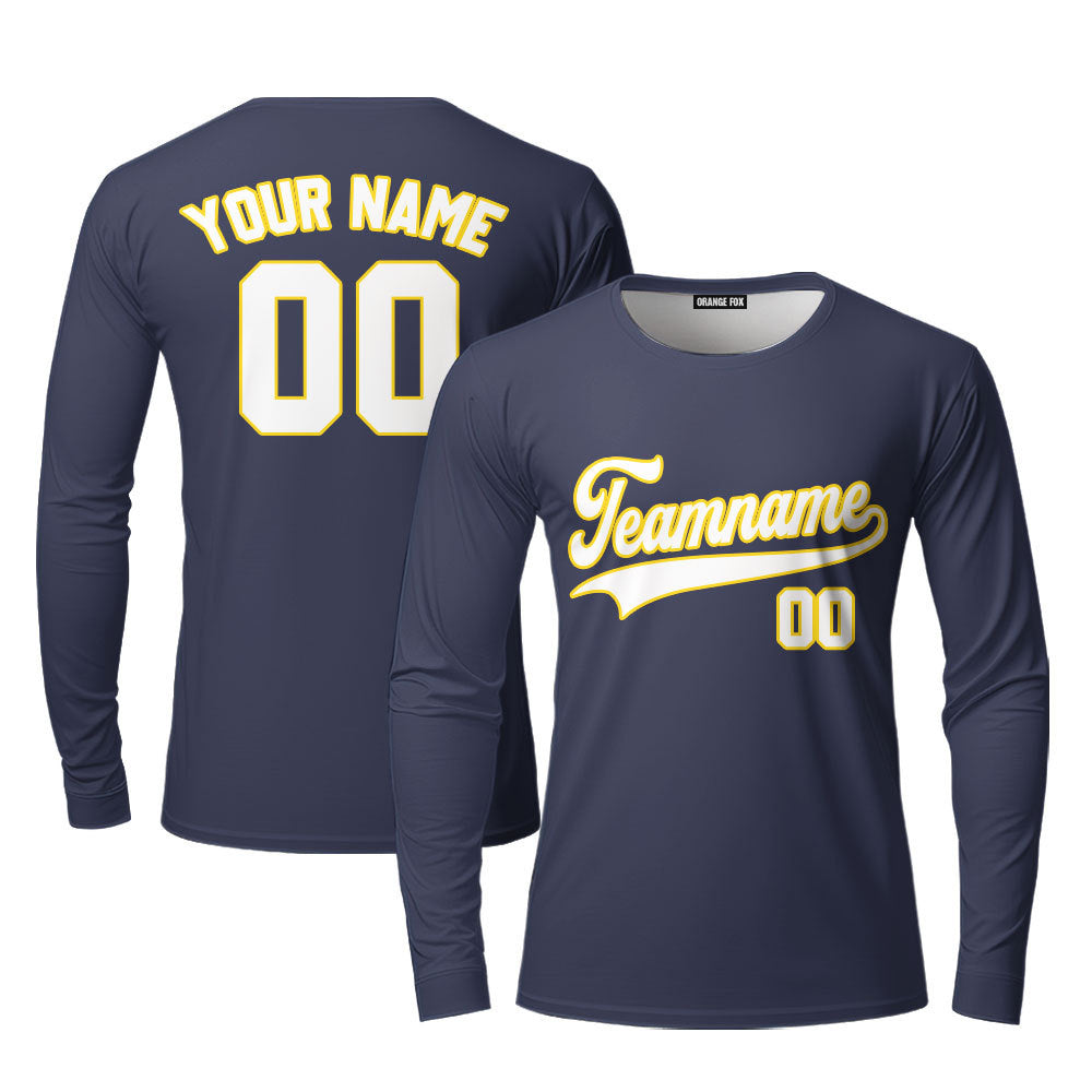 Custom Navy White - Yellow Custom Long Sleeve T-Shirt For Men & Women