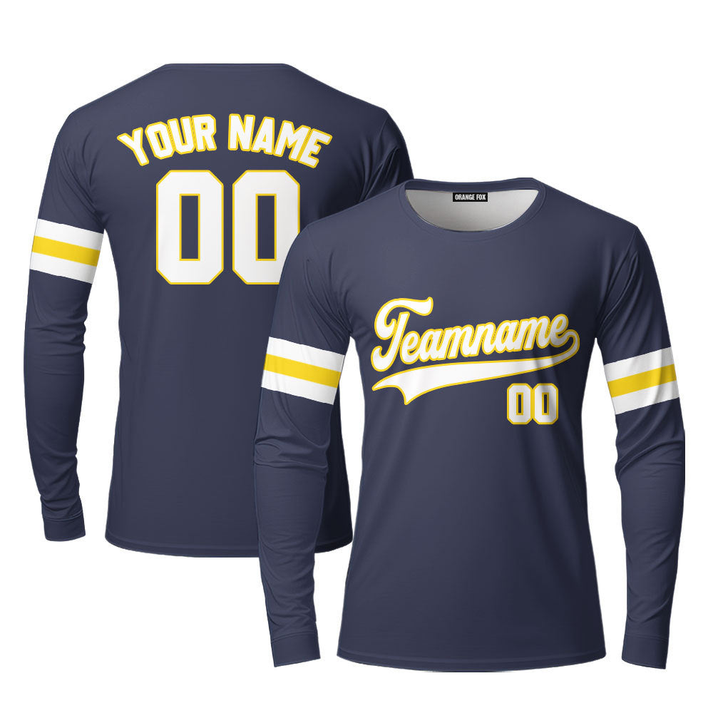 Custom Navy White - Yellow Custom Long Sleeve T-Shirt For Men & Women