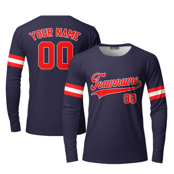 Custom Navy Red White Custom Long Sleeve T-Shirt For Men & Women