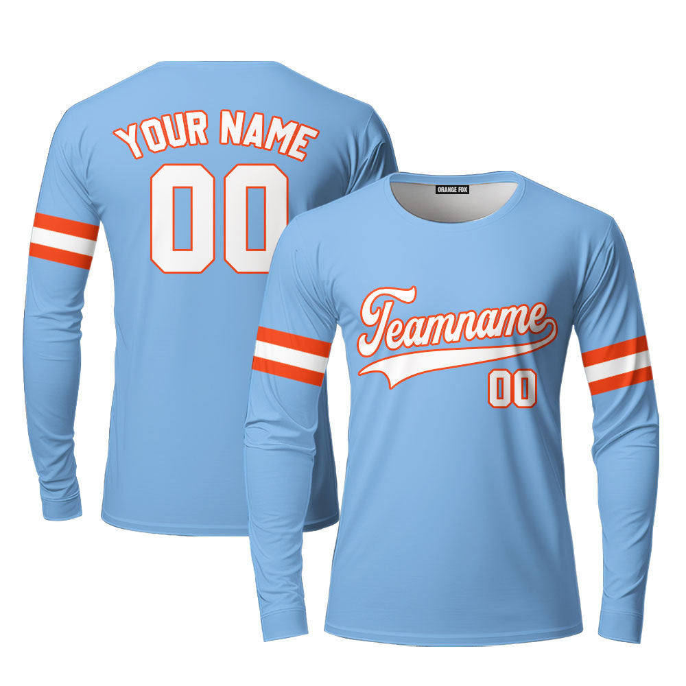 Custom Light Blue White - Orange Custom Long Sleeve T-Shirt For Men & Women