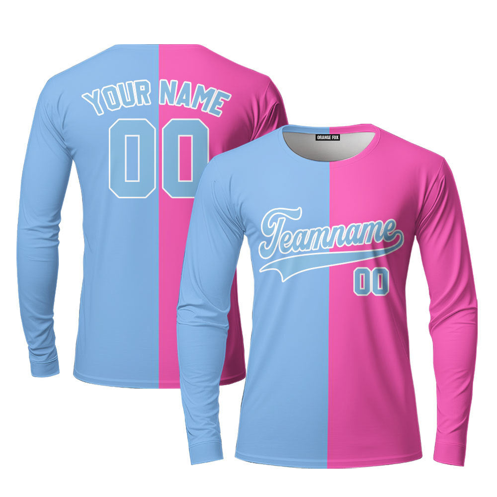 Custom Pink Light Blue Split Fashion Custom Long Sleeve T-Shirt For Men & Women