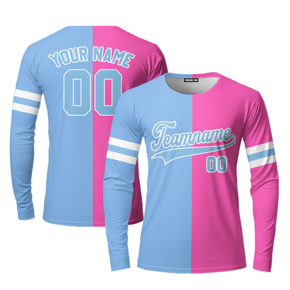 Custom Pink Light Blue Split Fashion Custom Long Sleeve T-Shirt For Men & Women