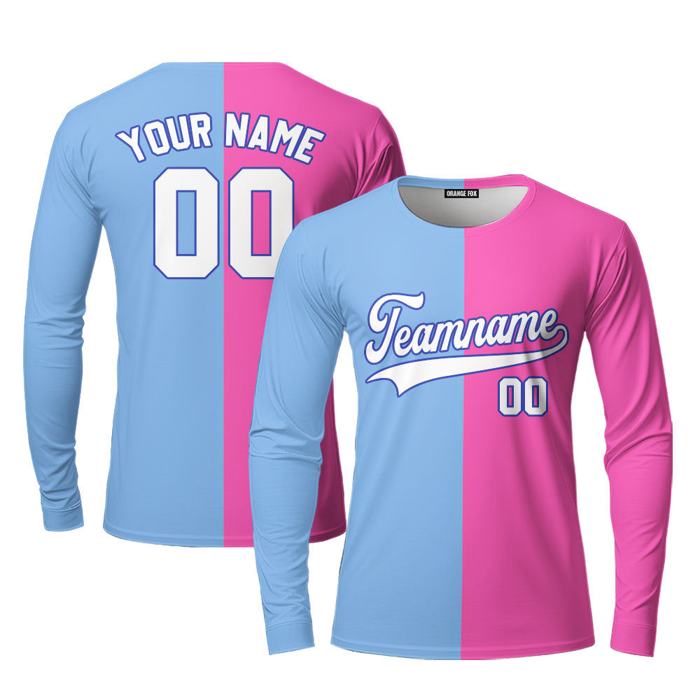 Custom Pink Dark Blue Light Blue Split Fashion Custom Long Sleeve T-Shirt For Men & Women