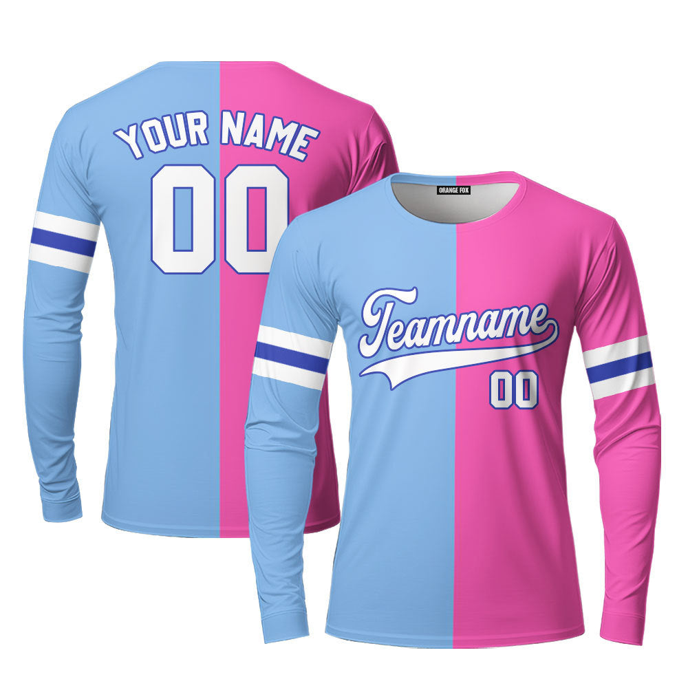 Custom Pink Dark Blue Light Blue Split Fashion Custom Long Sleeve T-Shirt For Men & Women