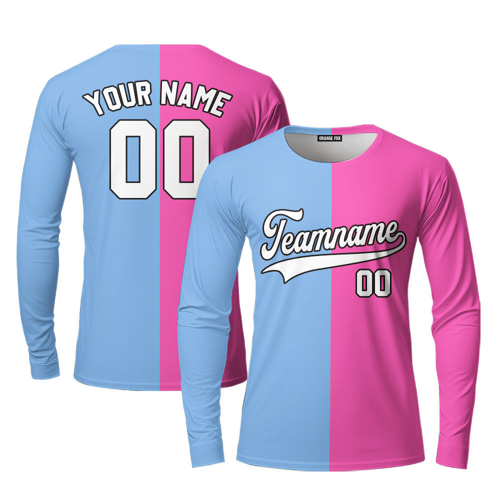 Custom Pink Black-White Light Blue Split Fashion Custom Long Sleeve T-Shirt For Men & Women