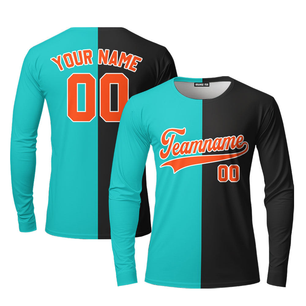 Custom Black Orange Blue Aqua Split Fashion Custom Long Sleeve T-Shirt For Men & Women