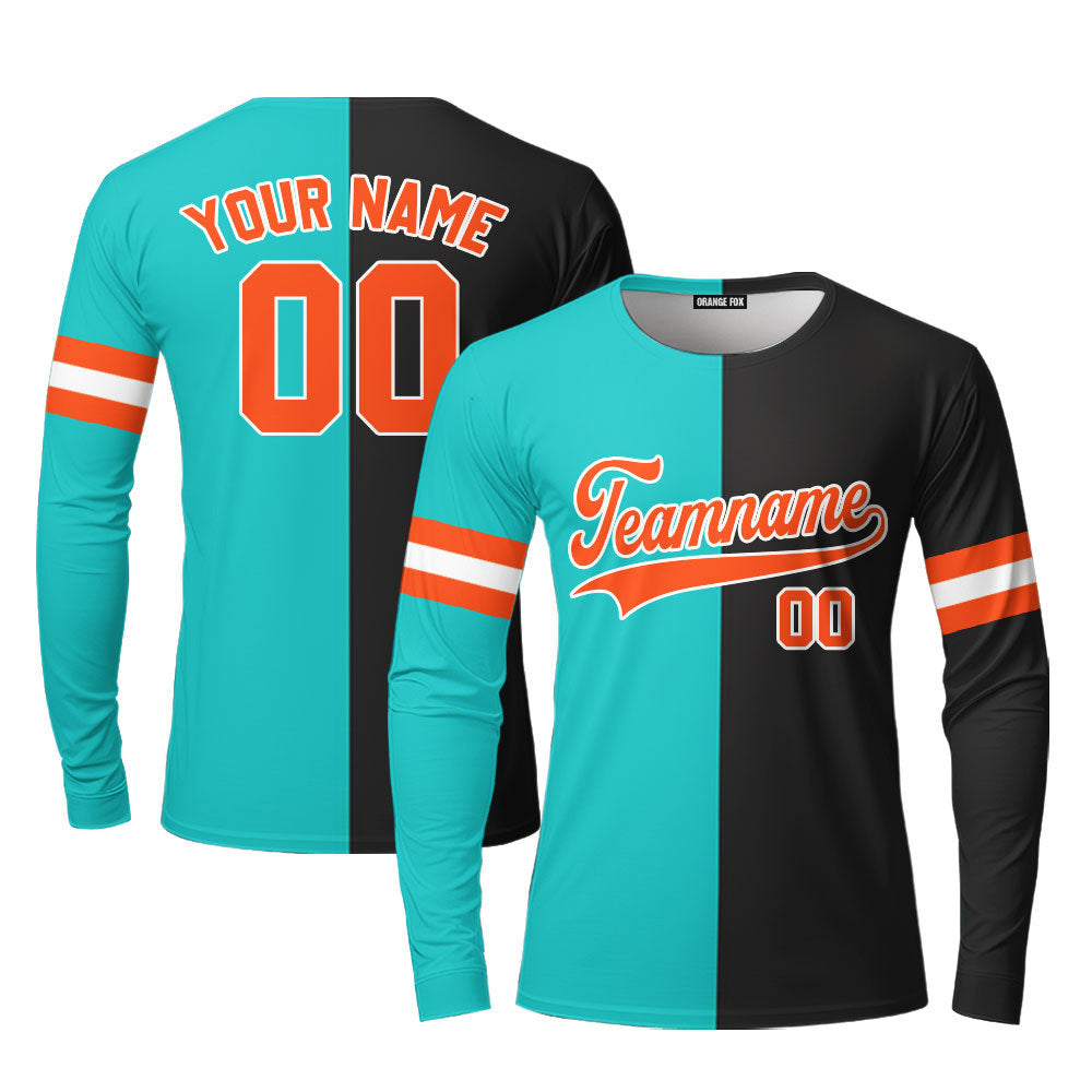 Custom Black Orange Blue Aqua Split Fashion Custom Long Sleeve T-Shirt For Men & Women