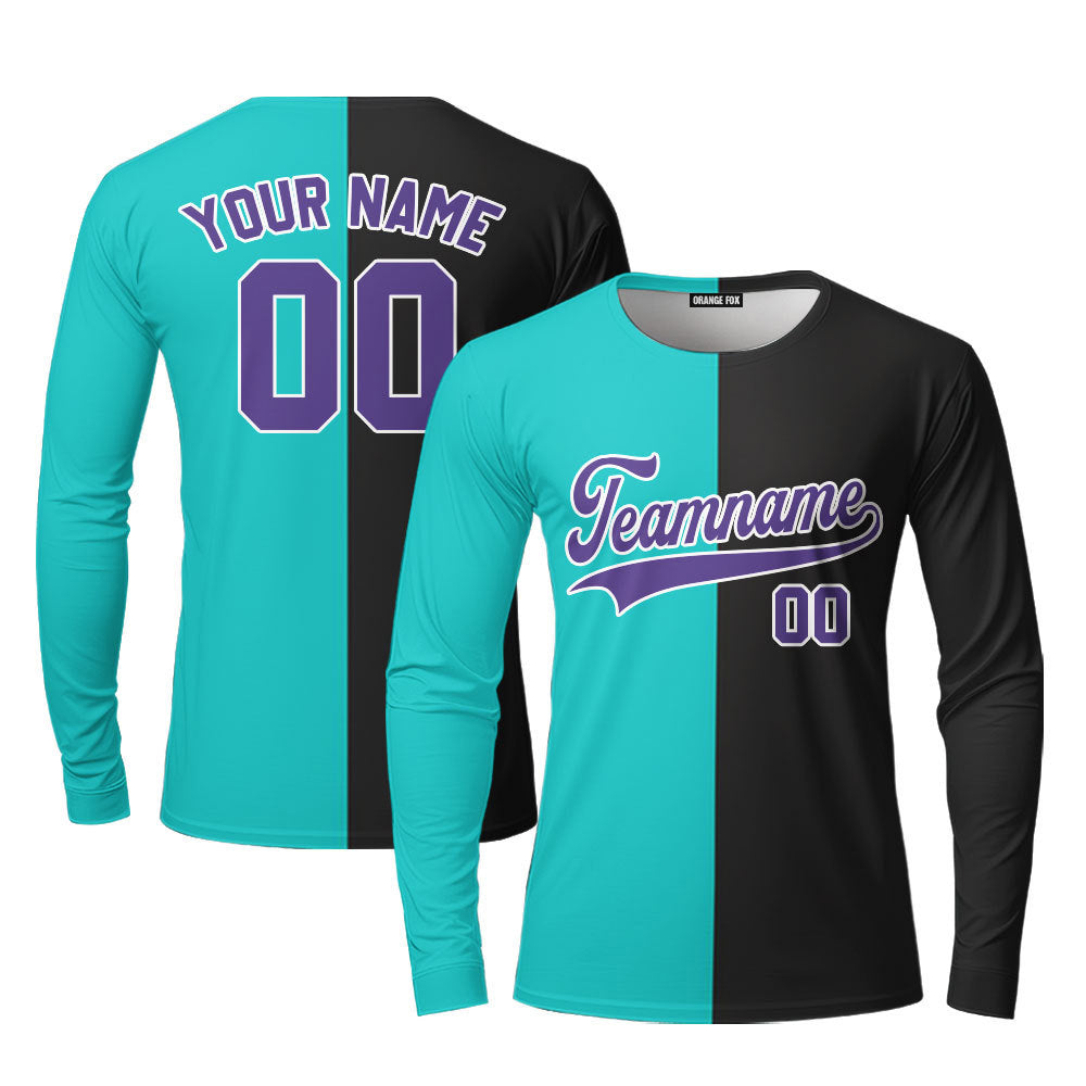 Custom Black Purple Blue Aqua Split Fashion Custom Long Sleeve T-Shirt For Men & Women